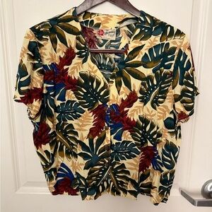Vintage NWOT Hilo Hattie V Neck Button Up Shirt Hawaiian L Tropical Green Palm